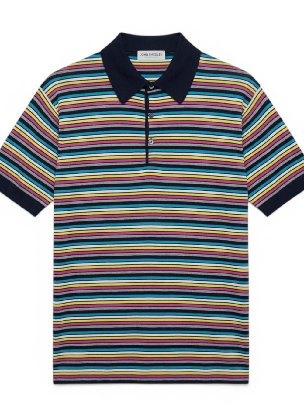 John Smedley Knit Polo Shirt Size XL Navy Multicolor Stripe Preppy